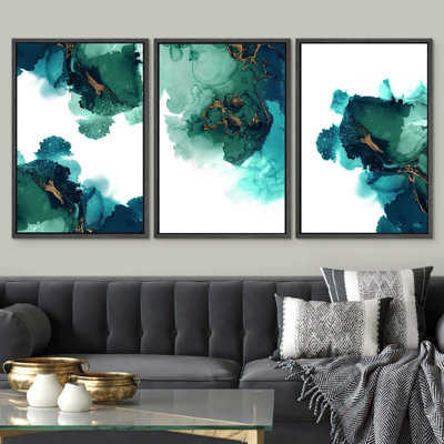 "Smoke Effect" vert et bleu sarcelle aquarelle explosion collage encadré sur toile, 3 pièces