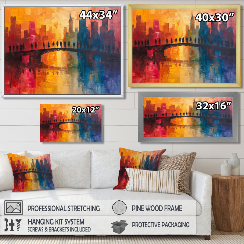 «Red Blue City City Skyscrapers - Bridges», reproduction d'art murale, Toile avec cadre flottant brun