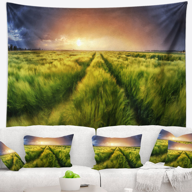 Tapisserie paysage tempête et lumière sur le pré, H 50 po x l 60 po