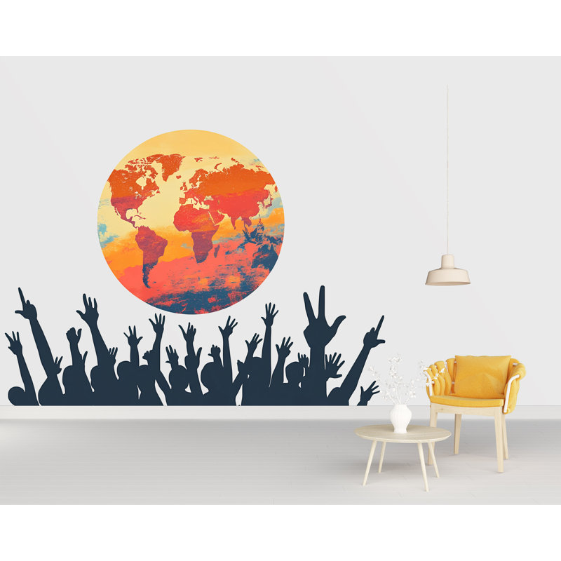 World Map Wall Decal With Raised Hands, Global Unity Wall Mural, Classroom Office Decor, Diversity Art Sticker, 143Gm
