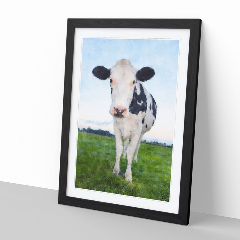 Black and White Cow - Picture Frame Painting, 36cm H x 27cm W x 2cm D, Black Framed