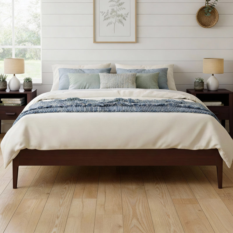Retro Style Bed Frame, Platform Bed with Central Support Legs, Chocolate, Full