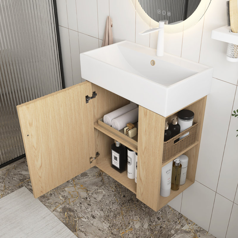 21.6" Floating Bathroom Vanity With Ceramic Basin And Right Side Storage In Wood