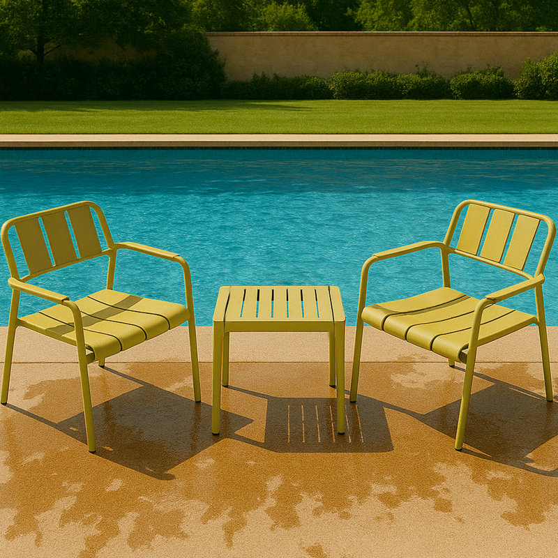 Chaises simples intérieures / extérieures pour 2 personnes + table basse en jaune éclatant, - cadre, patins antidérapants, confort ergonomique, support robuste, assemblage sans tracas, imperméable, design, espace, 5 pièces