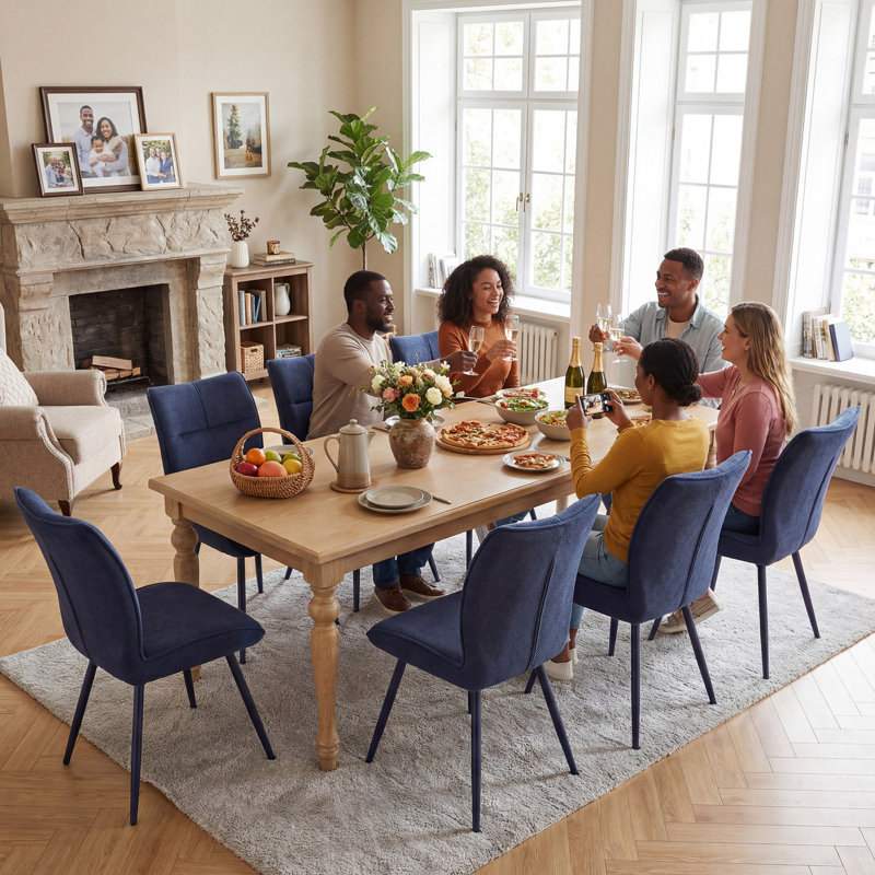 Chenille Upholstered Dining Chairs Metal Frame Side Chairs With Backrest For Kitchen Dining Room, Blue/Blue, 6