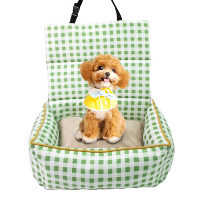 Foldable Pet Car Seat Dog Bed 2-in-1 Design Converts to Cozy Nest, Plaid Pattern Car Travel Carrier with Safety Belt and Buckle, Soft Portable Crate for Small Cats and Dogs, Fits Car and Indoor Use