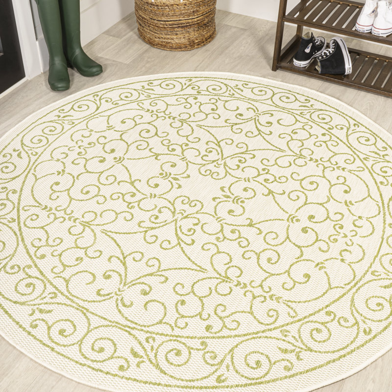 Debbe Vintage Filigree Textured Weave Cream/Green Indoor/Outdoor Rug, Round 5'3"