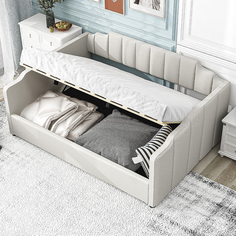 Upholstered Daybed With Underneath Storage,Full Size, Beige