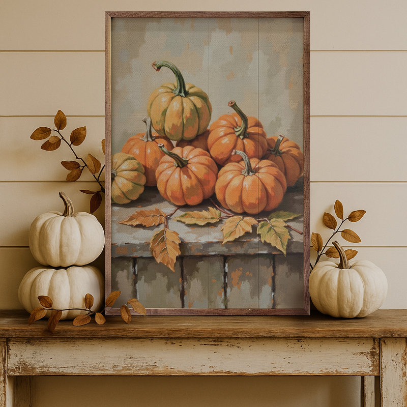 Small Pumpkin With Beech Branch, 8" H x 5" W