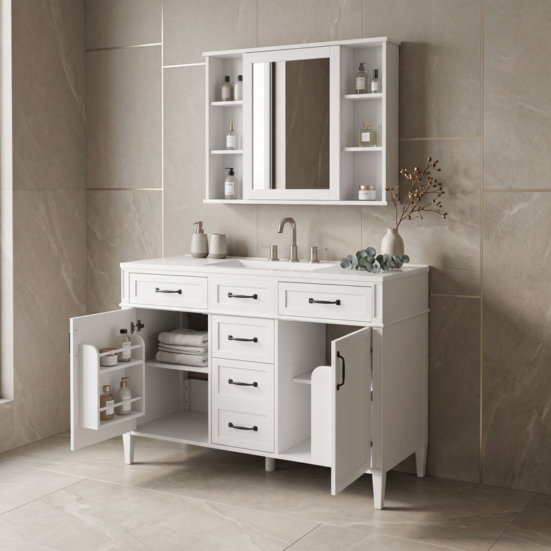 Armoire de meuble-lavabo 48 po avec comptoir en composite, 4 tiroirs et tablettes réglables, White
