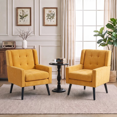 26.77" Mid-Century Modern Accent Chair With Linen Upholstery, Tufted Back And Black Solid Wood Legs(Set Of 2)