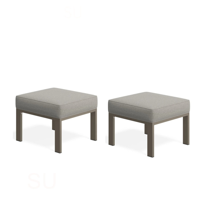 Set Of 2,  22” All-Weather Metal Patio Ottomans Thick Beige Cushions & Khaki Frame