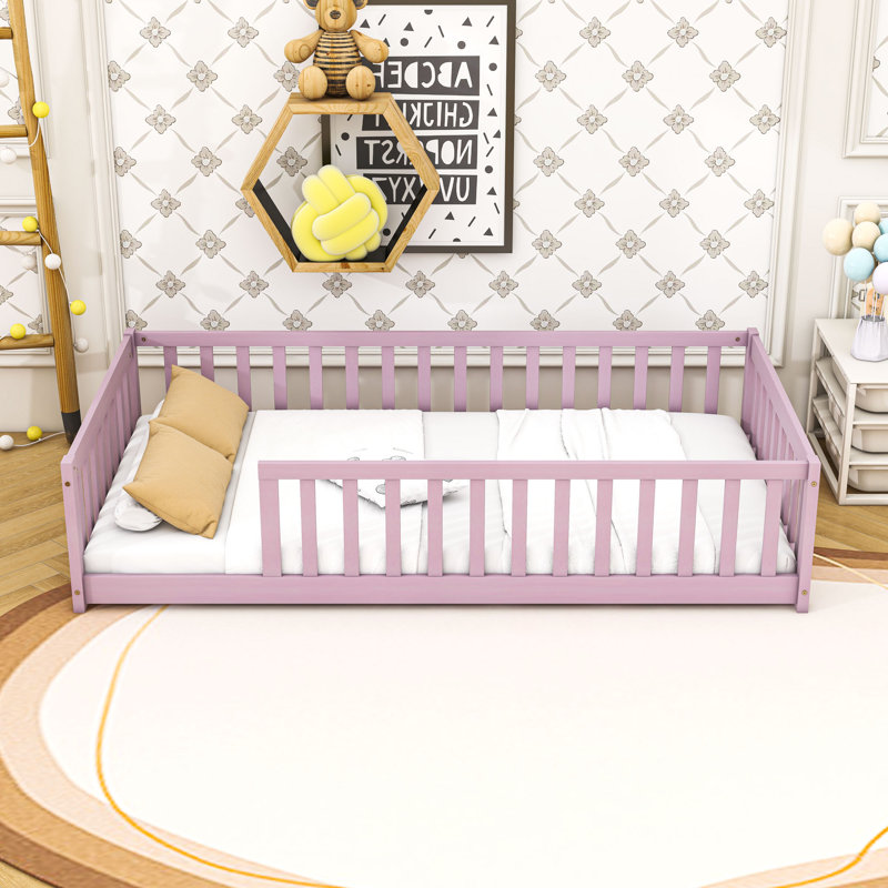 Lit simple en bois avec clôture de sécurité, Pink