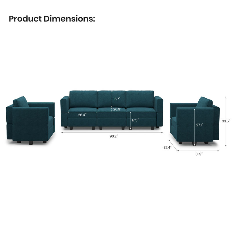 Ensemble de canapé modulaire en mélange de polyester 3 pièces Kimbrel, Bleu