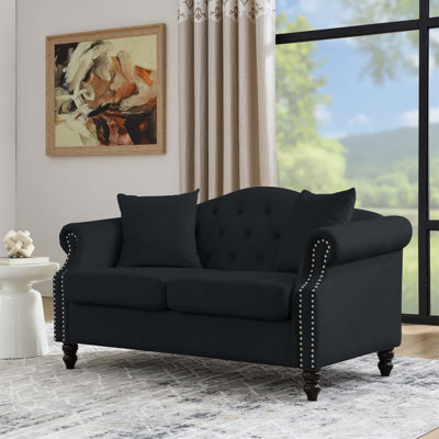 Luxurious Velvet Chesterfield 2-Seater Sofa With Rolled Arms, Nailhead Trim, And Tufted Design For Elegant Living Spaces