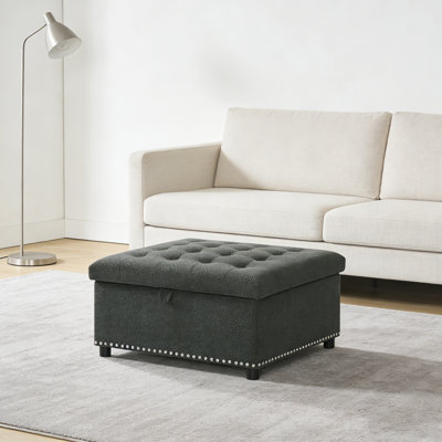 Tufted Square Storage Ottoman With Nailhead Trim, Dark Grey Upholstered Footstool For Living Room & Bedroom, Small Space Home Decor