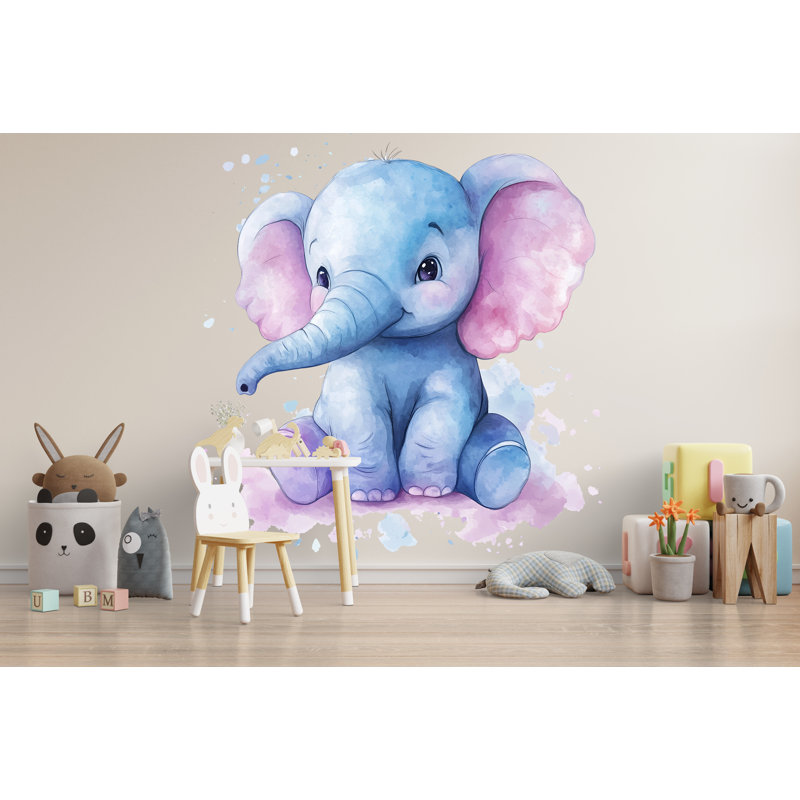 Adhésif décoratif pour chambre de bébé éléphant bleu - grand aquarelle, art mural, chambre d'enfant et salle de jeux