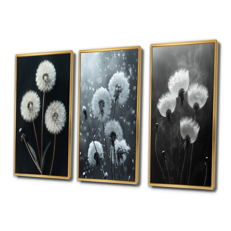 Élégante silhouette de pissenlit monochrome blanc et noir - Collection d'art mural traditionnel, H 40 po x l 60 po, Doré