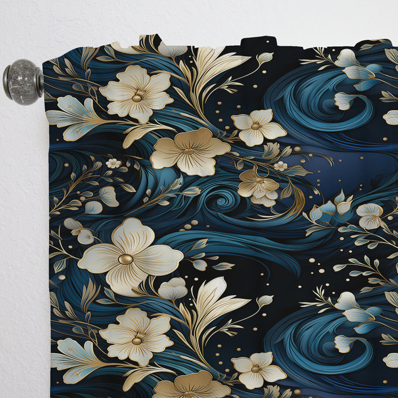 Rideau obscurcissant en marbre bleu minuit et doré à motif floral I - 1 panneau, L 52 po x L 90 po