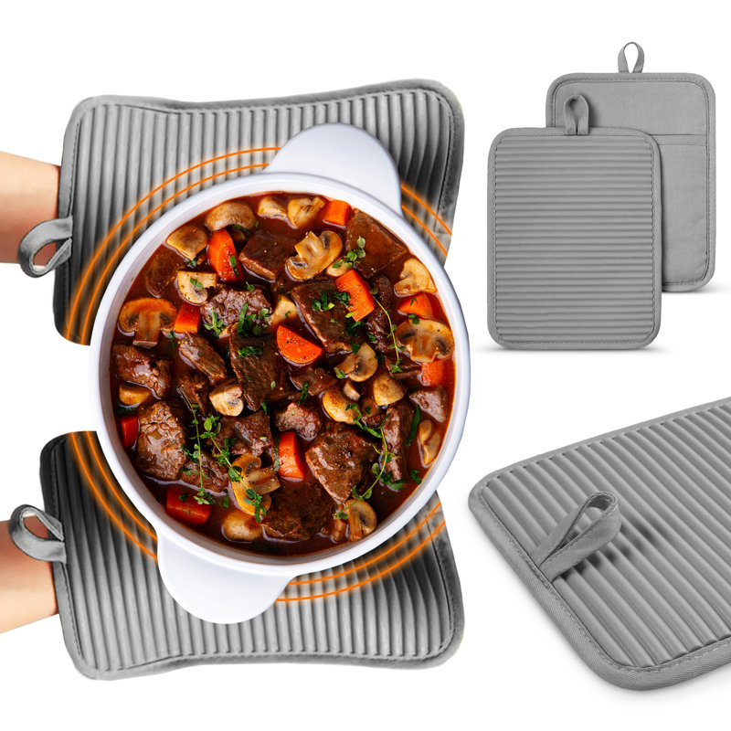 Cheer Collection Silicone Pot Holders, 2 Pack Ribbed Grip and Cotton Lining, Gray