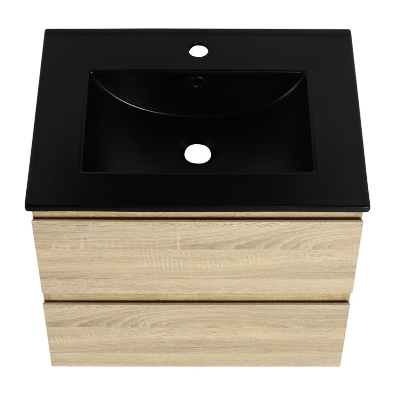 Lavabo de salle de bain mural 24 po, lavabo en céramique noire, 2 tiroirs avec fermeture en douceur, chêne, armoire combinée moderne en contreplaqué, lavabo, tiroirs fermés, protection