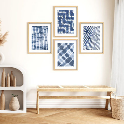 Art mural encadré, ensemble de décorations de galerie, motif indigo Shibori, illustrations japonaises de style Tie-Dye, art moderne chic et coloré pour le salon, la chambre à coucher, le bureau