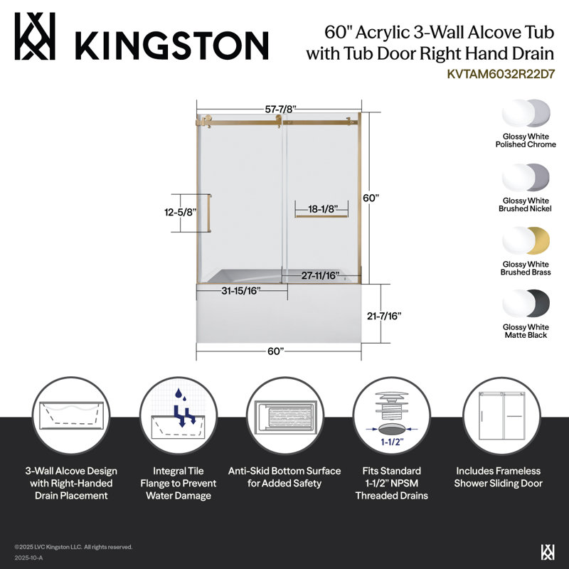 Kingston Brass 60-Inch Acrylic Rectangular 3-Wall Anti-Skid Alcove Tub With Tub Door, Hand Drain, Brushed Brass, Right