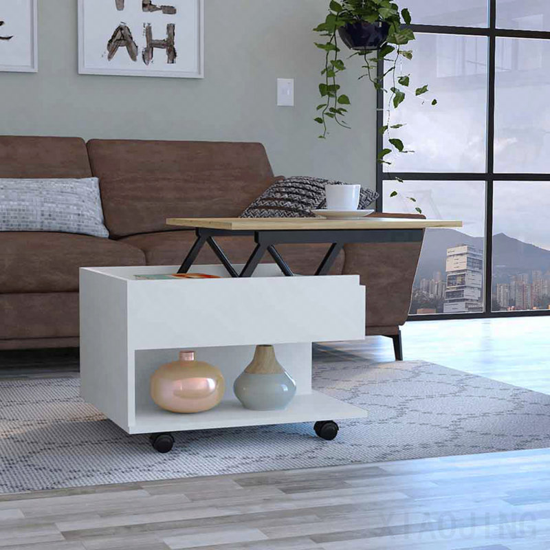 Table basse à plateau relevable avec roulettes et une tablette