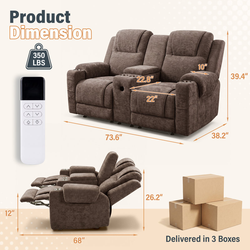 Canapé inclinable l 73,6 po pour salon, Causeuse, Brun