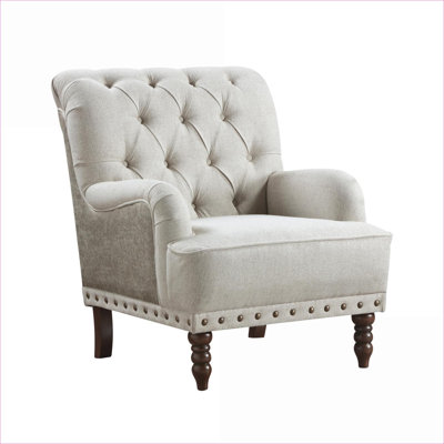 Fauteuil d'appoint en tissu capitonné beige capitonné, sièges en bois massif à garniture cloutée pour adultes, meubles de chambre à coucher pour le salon