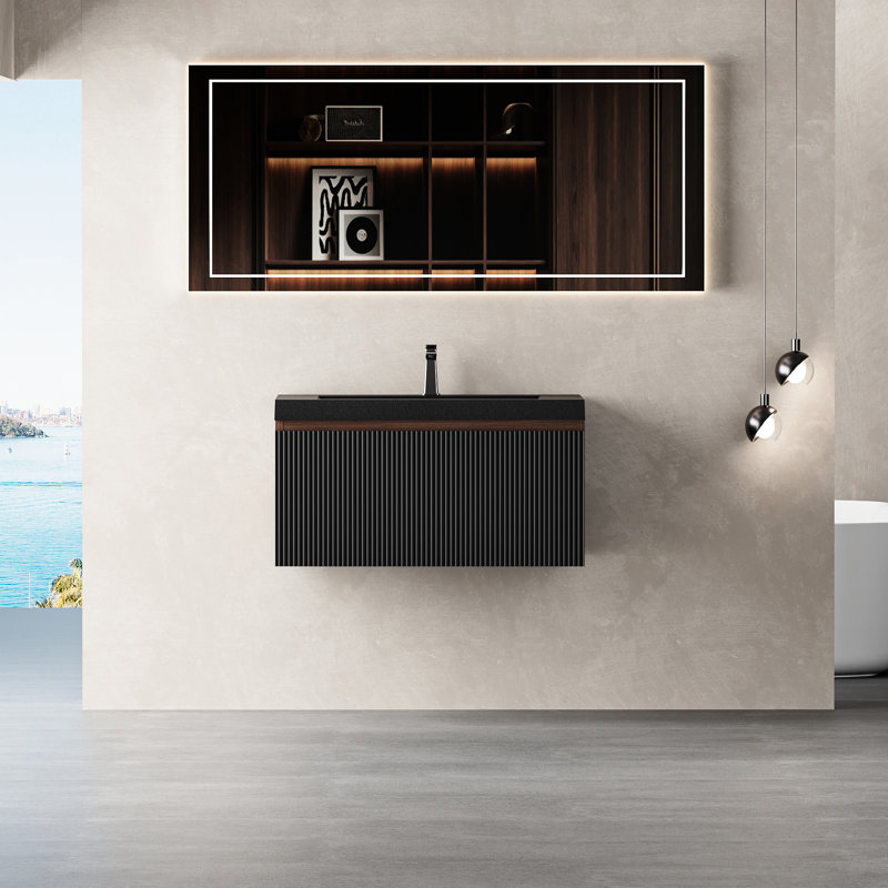 Meuble-lavabo flottant de 30 po avec lavabo, armoire de rangement moderne à rayures, tiroirs à fermeture en douceur, cuve à sable en quartz noir, finition noyer fumé, rails de rangement silencieux à texture ondulée, entièrement assemblé, facile