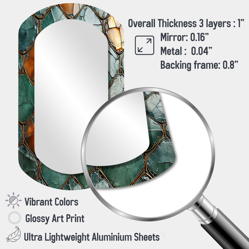 Green and gold marble Mosaic tiles  II - Tile Cylinder Mirror, Green Asymmetrical Unique Wall Mirror, Printed Metal Art