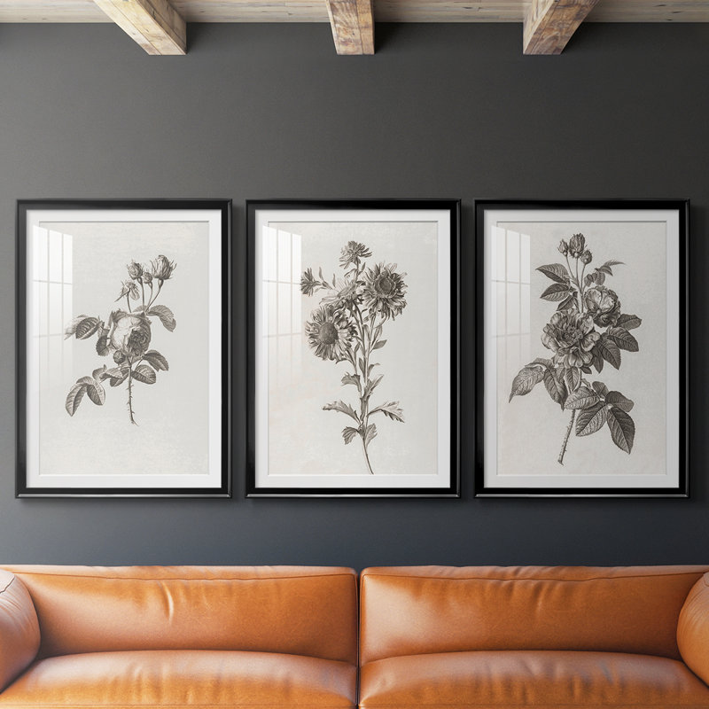 Imprimé floral rétro cccxvi - impression encadrée sur mesure de qualité supérieure - 3 pièces, Noir, H 21 po x l 30 po