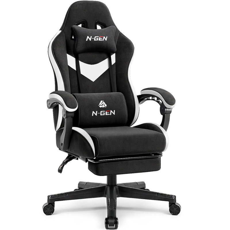 High-Back Adjustable Reclining Ergonomic Fabric PC & Racing Game Chair with footrest, Black