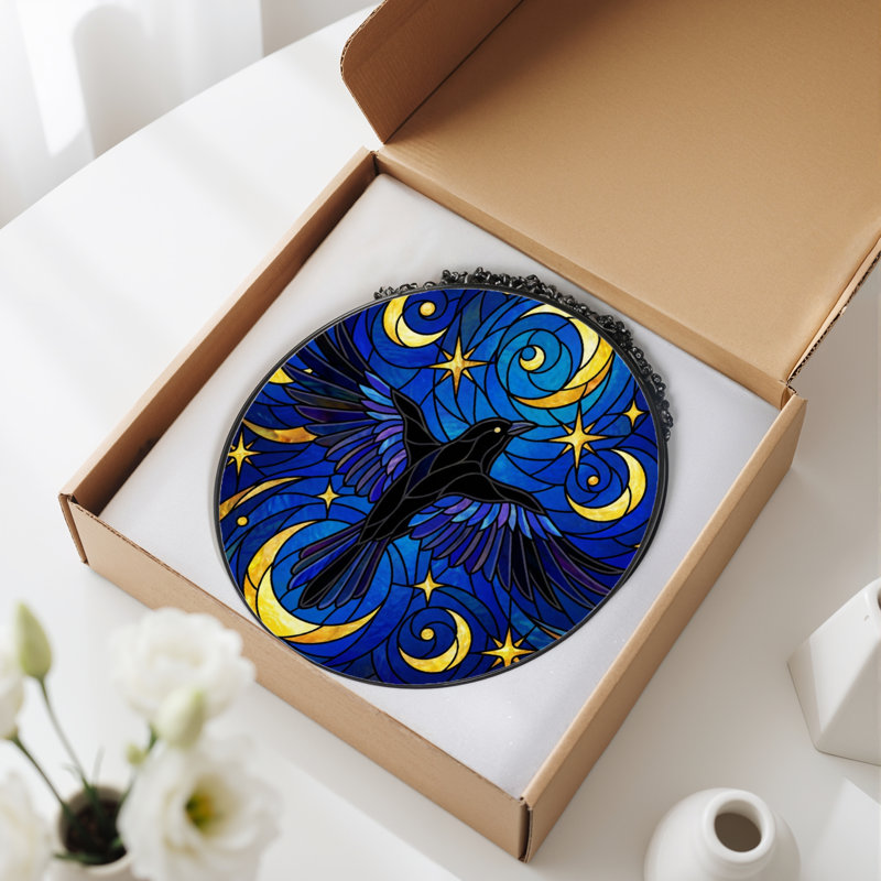 7.8"H Night Sky Stained Glass Window Panel, 7.8" H x 7.8" W
