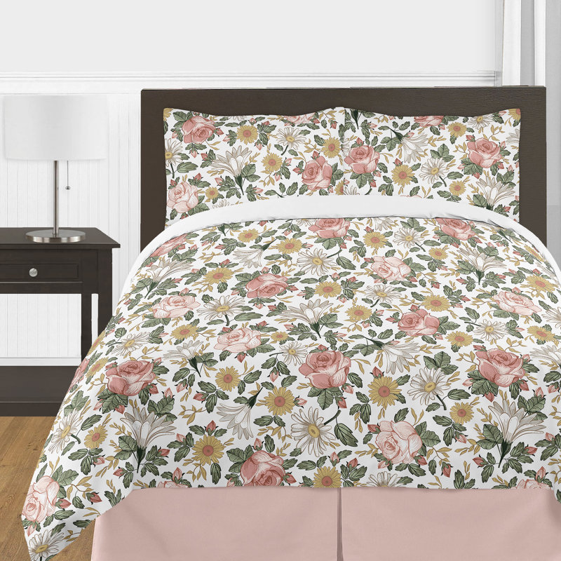 Pink and Green Floral Microfiber Full Bedding Set