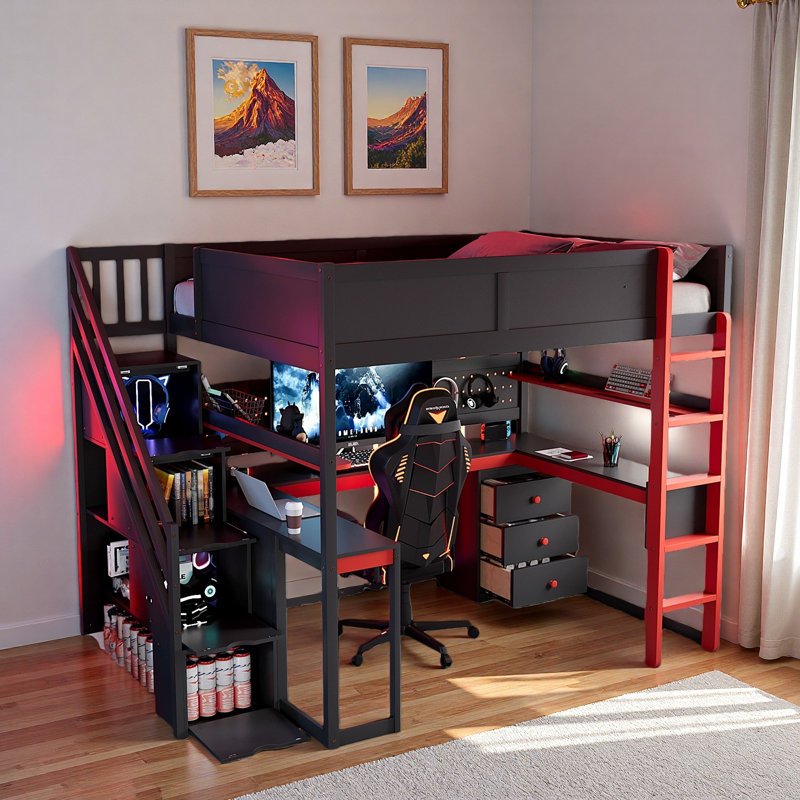 Lit mezzanine en bois d'inspiration Esports avec escalier de rangement, bureau, tablettes et panneau perforé, Double, Rouge