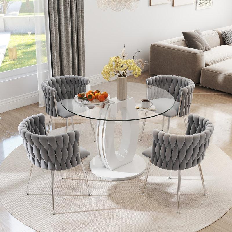 Modern Round Tempered Glass Pedestal Dining Set with Velvet Woven Dininig Chair, White/Gold, Gray