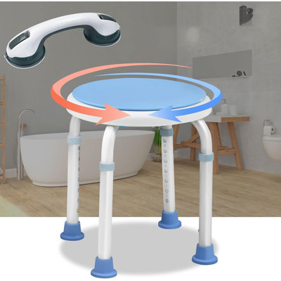 Shower Stool Shower Chair 360°Swivel Shower Seat Adjustable Height Aluminium Non-Slip Disability Aids Shower Tool to Sit on in Shower for Elderly Disabled Pregnant, with Suction Grab Rail