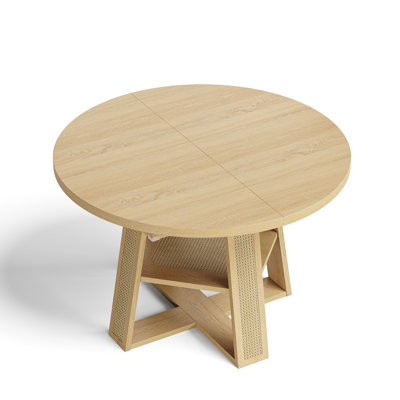 43"-59" Extendable Round Dining Table For 4-8, Natural Rattan Oval Dining Table With Removable Leaf, Lower Storage Shelf, For Dining & Kitchen Spaces