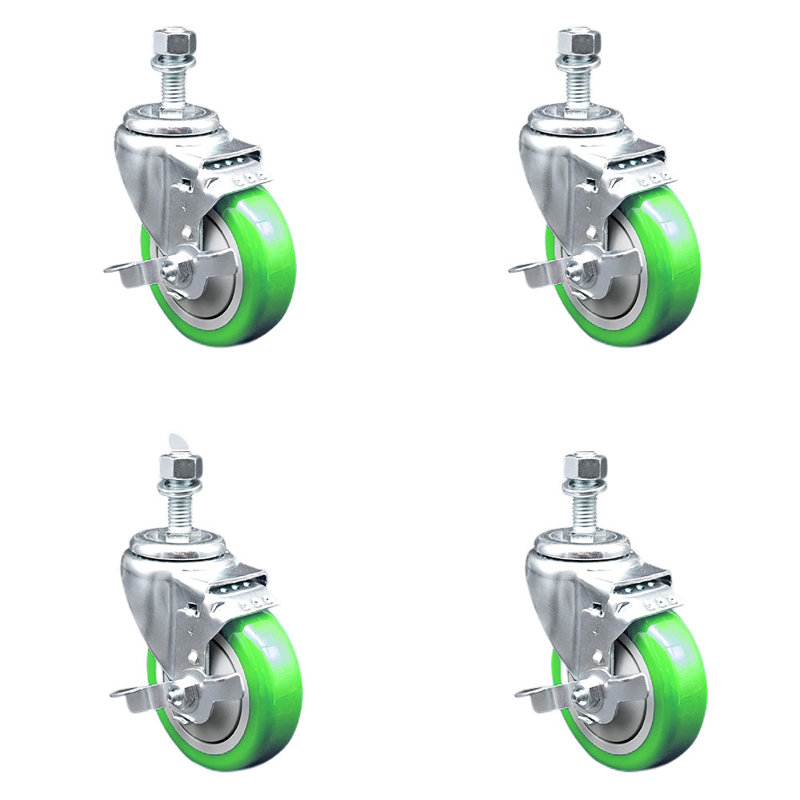 Ensemble de roulettes à tige filetée en polyuréthane 4 pouces 4mm, Vert