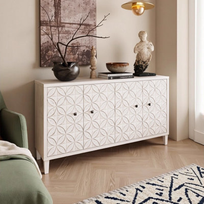 Accent Cabinet 4 Door Wooden Sideboard Buffet Server with White Wash Finish, Ideal for Multiple Rooms