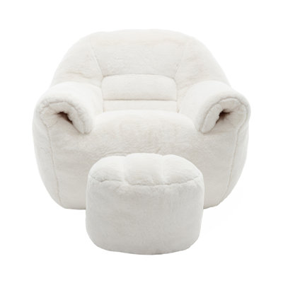 Fauteuil à billes, fauteuil à billes confortable avec dossier, avec repose-pieds, fauteuil à billes en fausse fourrure pour adultes et enfants, canapé à plancher rembourré pour salon, chambre à coucher, appartement, blanc