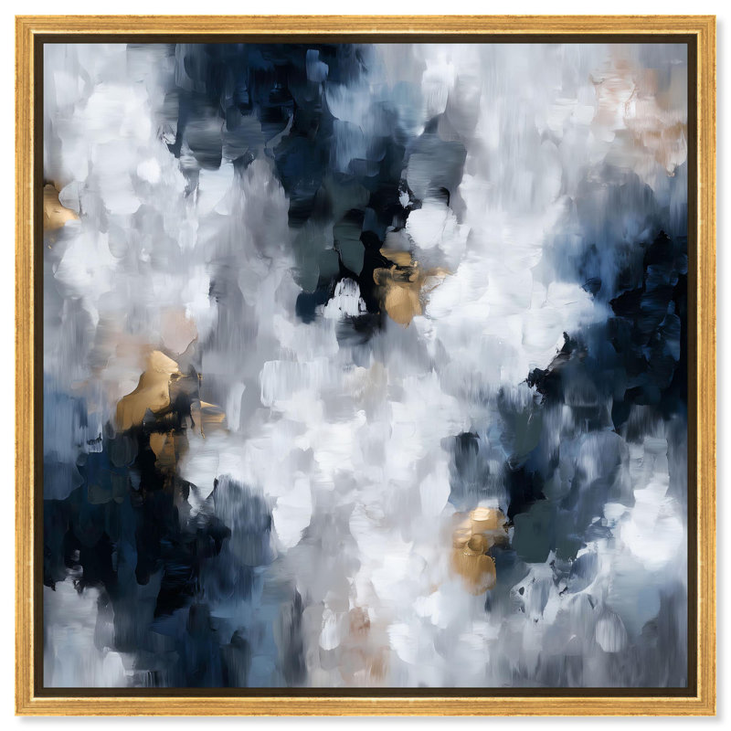 «Midnight and Ivory I», art mural abstrait sur toile , H 21 po x l 21 po, Cadre flottant doré