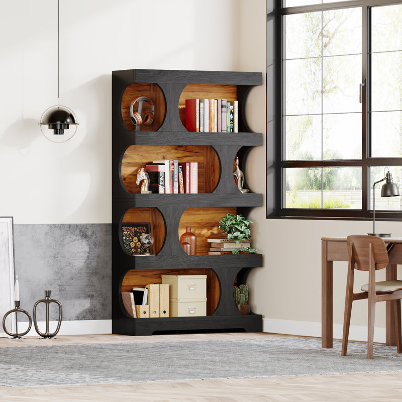71" Tall Bookcase, 4-Tier S-Shaped Bookshelf, Black/Natural