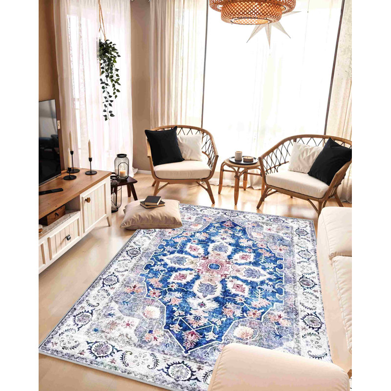 Tapis de salon lavable à la machine Melnick 7770 - 5X8 (5 pi 2 po x 7 pi 5 po), bleu