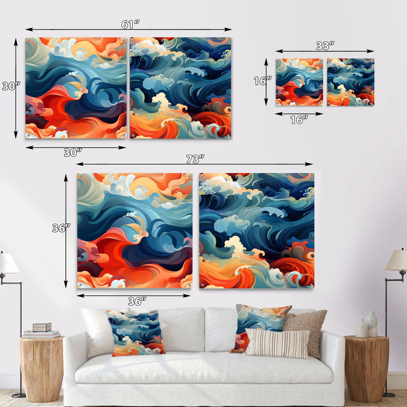 Perrin - Ensemble de 2 peintures murales abstraites en acrylique, H 16 po x l 33 po