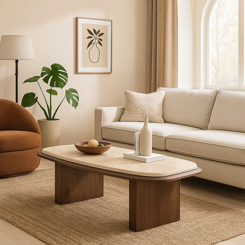 Table basse Pery, plateau en pierre de travertin beige 51 po, brun noyer