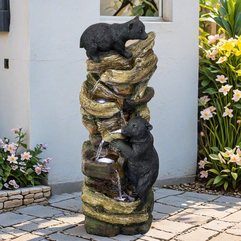 39.3" Tall Outdoor Water Fountain, 5-Tier Floor Standing Resin Bears Tree Waterfall Fountain With LED Lights, Pump For Garden, Patio, Backyard
