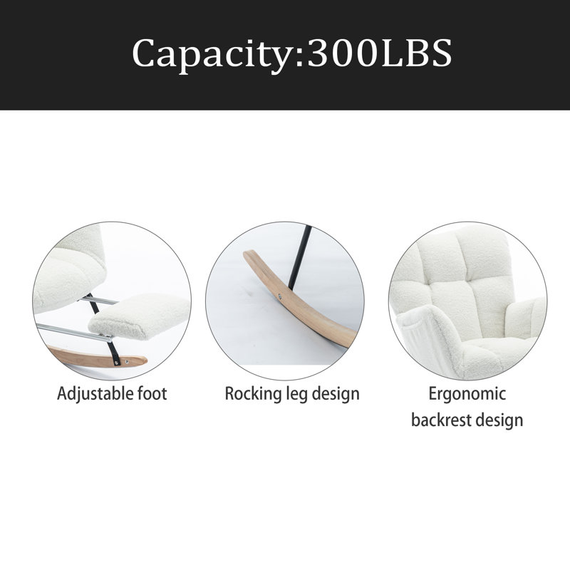 Chaise berçante en tissu avec repose-pieds Teddy, Ivoire ivoire